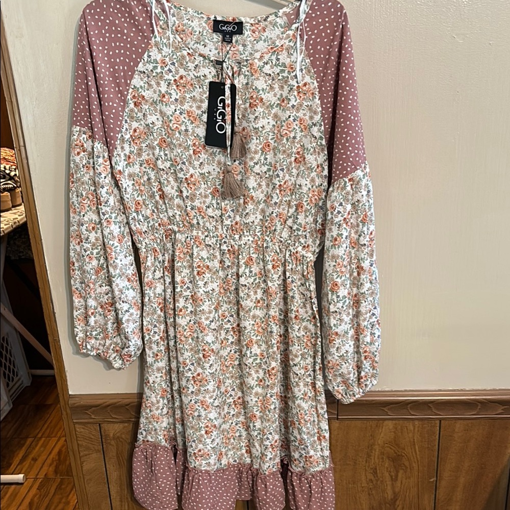 Floral and Polka Dot Long Sleeve Dress